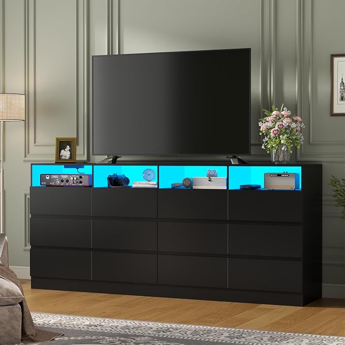 Gyfimoie 63" Wide 6-Drawer Black Dresser with Divided Compartments, Charging Station & LED Lights, TV Stand for TVs up to 75", Large Organizer with 4 Open Cubbies