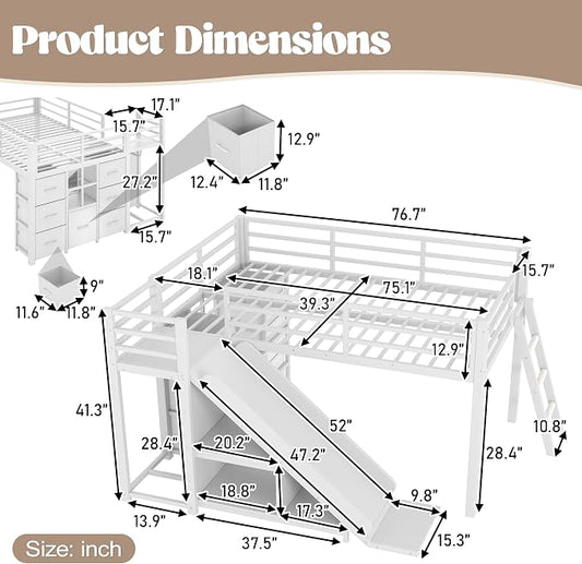 Bellemave Twin Size Low Loft Bed with Slide & 7 Fabric Storage Drawers,Metal Loft Bed Frame with Shelves and LED Lights for Boys Girls,Kids Loft Bed Twin,White
