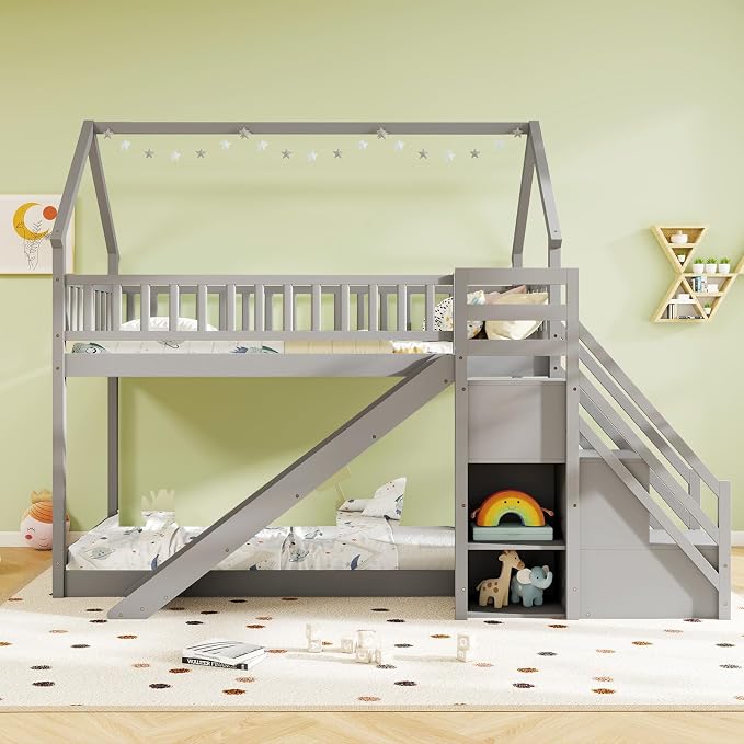 Giantex House Bunk Bed Twin Over Twin with Slide & Stairs, Wood Bunk Bed with Storage Shelves, No Box Spring Needed, Twin Floor Bed for Kids Teens Boys Girls (Grey)