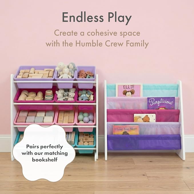 Humble Crew Toy Storage Organizer with 12 Removable Storage Bins for Kids Playroom, 4-Tier Toddler Toy Organization, White/Pink/Purple/Turquoise