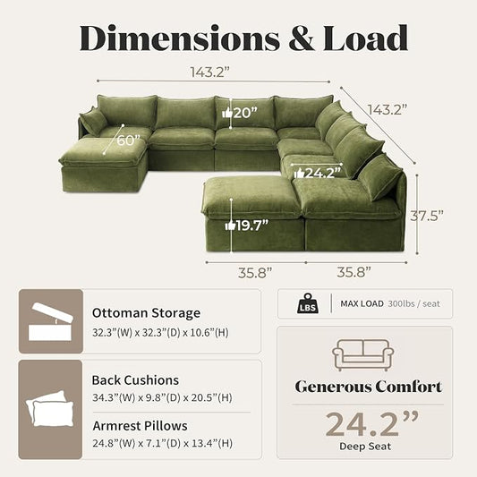 Cloud Modular Hosting Sectional, Oversized Deep Seat Comfort, Luxe Chenille | Fully Removable Washable Covers, Memory Foam Seat Cushions, Storage Ottoman, Premium Fabric