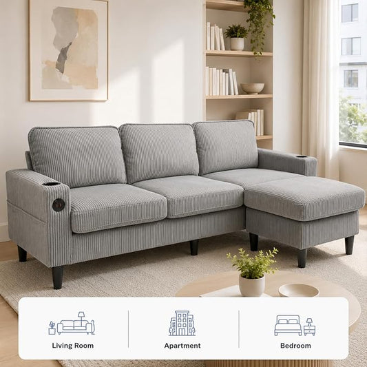 67'' L-Shaped Velvet Modular Sectional Couch Sofa with Ottoman, 3-Seat Convertible Cloud Deep Seat Sofa Couches for Living Room Bedroom Apartment, Cozy Chaise Lounge Sofas (Ligth Grey)