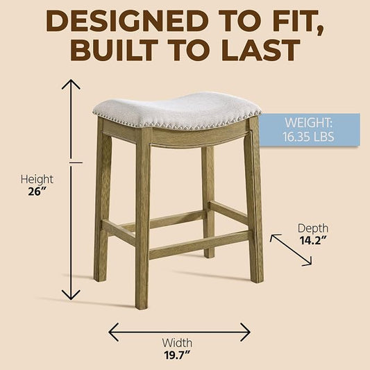 ROME + OAK Set of 3 Parker 26" Counter Stool, Backless Saddle Kitchen Barstool in Natural Wood Finish with Wheat Cream Fabric Upholstery Cushion Seat