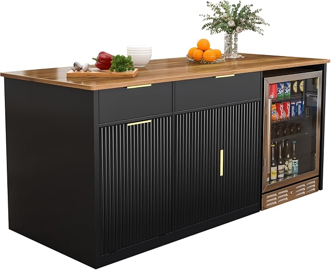 GDLF 75.6" W Large Kitchen Island with Storage and Fridge Space, Modern Kitchen Bar Island Table with Drawers and Trash Bin Space
