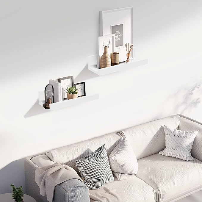 Muzilife 12" Small Floating Wall Ledge Shelves with Lip - Set of 2 Wood Floating Shelves - White Wall Mounted Picture Ledge for Office, Bathroom, Bedroom, Living Room, Kitchen