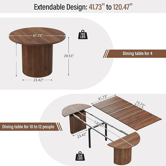 weselon 42"-120" Extendable Dining Table for 4-14, Expandable Oval Dining Room Table with Fluted Pedestal Base & Reinforced Metal Support Leg, Extra Large Modern Kitchen Table (Walnut)