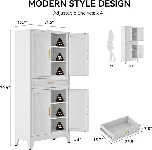 COFaR 71" Tall Pantry Cabinet with Drawer, White Storage Cabinet with Adjustable Shelves, 3-Section Freestanding Cupboard for Kitchen Organization