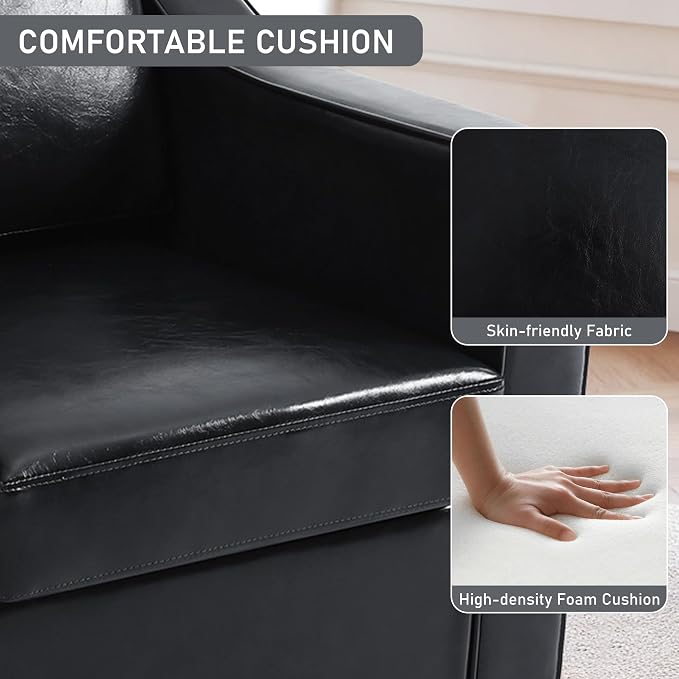 Faux Leather Swivel Accent Chairs Set of 2, 360° Swivel Upholstered Club Armchairs for Living Room, Comfy Single Sofa Reading Chair with Deep Seat, Metal Swivel Base, Black