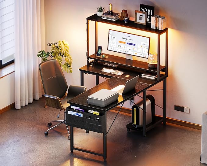 ODK 43 Inch L Shaped Desk with LED Lighting, Reversible Gaming Desk with Power Outlets, Cornor Computer Table with Storage Shelves & Bag & Iron Hook, Home Office Table for Writing, Study, Black