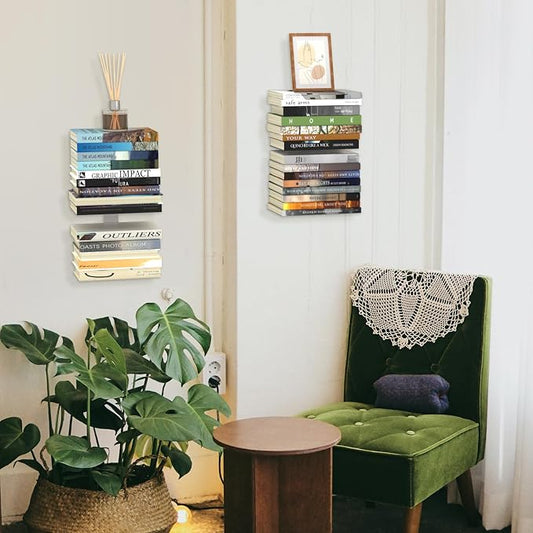 Mefirt Invisible Floating Bookshelves for Wall, 4 Tier Vertical Spine Book Tower, Heavy Duty Floating Book Shelves Metal Book Organizers for Home Office, 2 Pack(White)