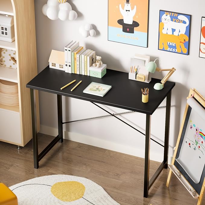 Sweetcrispy Computer Small Office Desk 44 Inch Student Study Writing Work with Metal Frame Wood Tabletop Modern Simple PC Table for Home and Bedroom, Black