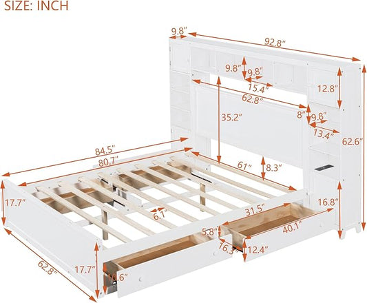 Merax Queen Size Wooden Bed with All-in-One Cabinet, White Platform Bed Frame with 4 Drawers, Shelf and Sockets