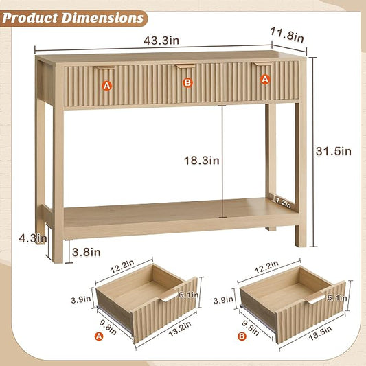 Nasonet Fluted Console Table, Wooden Sofa Table with Storage and Drawers, Farmhouse Behind Couch Table Entryway Table for Entrance, Hallway, Living Room, Oak