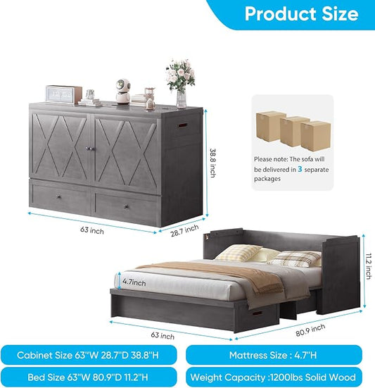 Mjkone Murphy Bed with Tri-Folding Mattress, Queen Hidden Cabinet Bed with Built-in USB Charging Station and 2 Storage Drawers, Foldable Wall Cabinet Beds for Living Room/Guest Room/Apartment, Gray