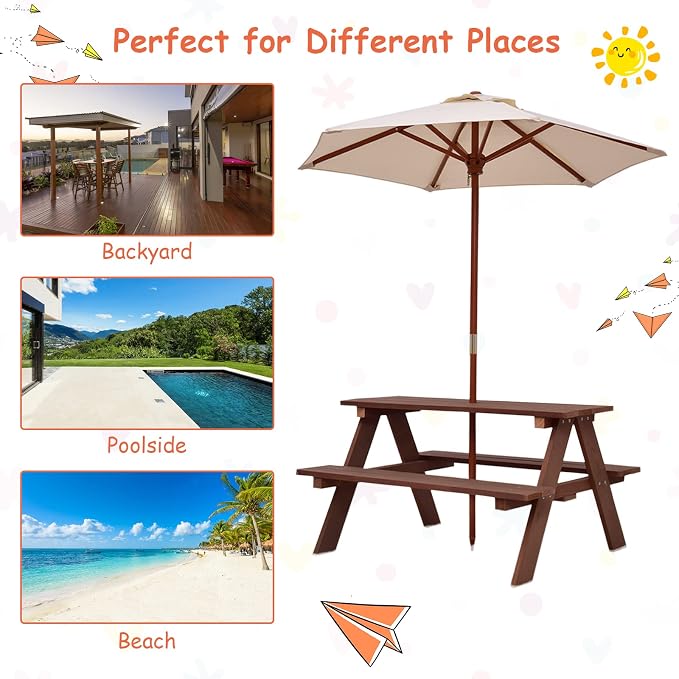 Costzon Kids Picnic Table, Fir Wood Kids Outdoor Table and Chairs with Removable Umbrella, Toddler Picnic Table for Patio, Backyard, Garden (Natural)