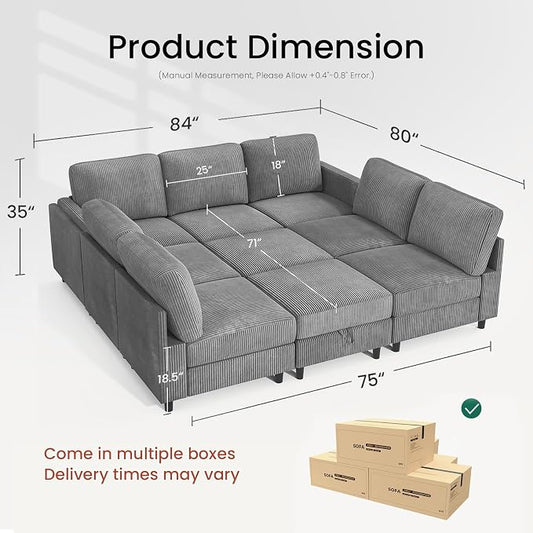 KKL Modular Sectional Sofa Bed - Sofabed with Storage Ottoman, Convertible L/U-Shaped Sleeper Couch for Living Room, Modern Reversible Design, Grey