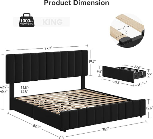 IDEALHOUSE King Upholstered Bed Frame with 4 Storage Drawers, Adjustable Headboard and Wooden Slats Support, No Box Spring Needed, Black