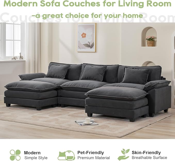 Oprisen 120" Modular Sectional Sofa, Comfy Cloud Couch Sectional Sofa with Ottoman, Chenille Sofa Sleeper Deep Seat Sofa with Throw Pillows for Living Room (Blue Gray, 120"- U Shape)