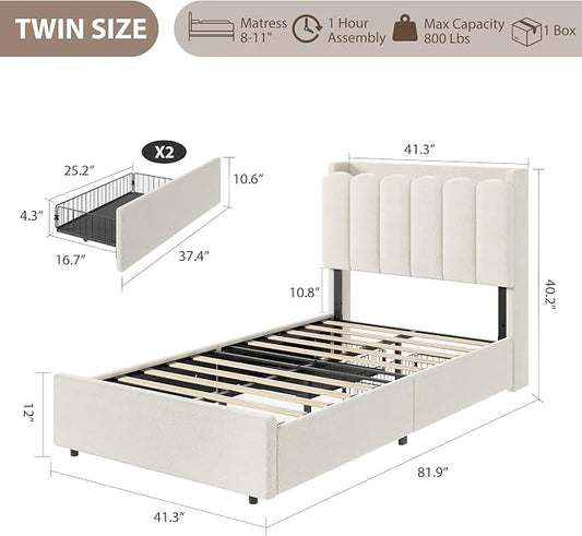 Garvee LED Twin Size Bed Frame with Storage Headboard, Kids Bed Frame with 2 Drawers, Boucle Upholstered Platform Bed for Girls, Chic Wavy Headboard with Bookcase, No Box Spring Needed, White