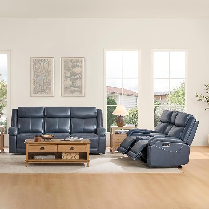 Watson & Whitely Power Reclining Sofa and Loveseat Sets, Genuine Leather Sofa Recliner Couch Set with Power Headrest, Storage Console, USB Ports, Cup Holders, Living Room Furniture Set, Navy Blue