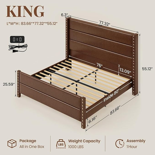 King Size Bed Frame with Storage Shelf & Charging Station, 55" Tall Headboard & 25.6" Footboard, Faux Leather Upholstered Platform Bed with Big Rivets Wingback, Heavy Duty & Noise-Free, Brown