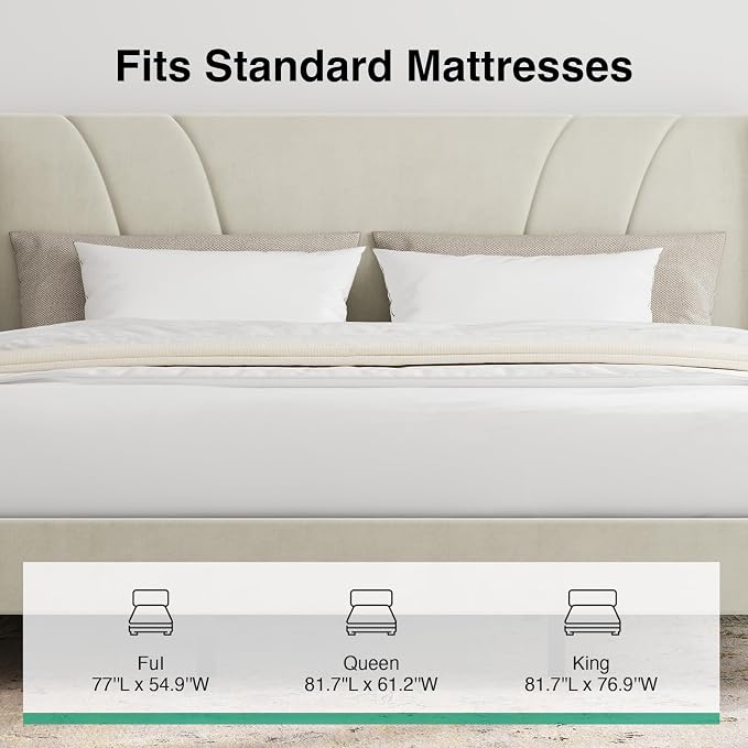 Novilla King Size Bed Frame, King Bed Frame with Headboard, Velvet Upholstered Wing Side Headboard, No Box Spring Needed, Heavy Duty Feet, Easy Assembly, White Velvet