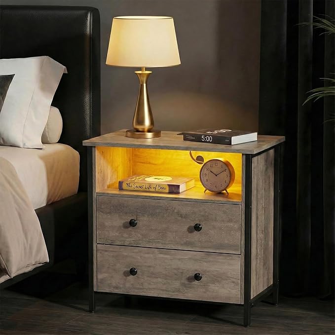 27" LED Nightstand Set 2 with Charging Station, 2 Drawers, Gray | Solid Wood and Steel Frame, 2 AC Outlets, 2 USB Ports, RGB App Control, Open Storage, Adjustable Feet, for Bedroom or Office