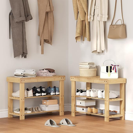 NEWBULIG Shoe Rack Bench, 3-Tier Bamboo Shoe Organizer, Wooden Entryway Storage Bench, 286 lb Load Capacity, 11.2x27.6x17.9 Inches, for Entryway Bathroom Bedroom Balcony, Wood