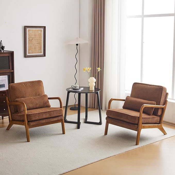 Karl home Mid-Century Modern Accent Reading Chair, Brown | Corduroy Upholstered, Solid Wood Frame, Soft Cushion, Lumbar Pillow, Lounge Armchair for Living Room, Bedroom, Balcony, Study