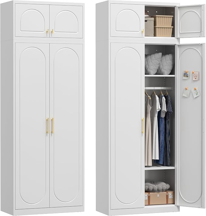 UNICOLY 86" Armoire Wardrobe Closet, 71'' Metal Closet with 15" Cabinets, Wardrobe Cabinet with Hanging Rod, for Bedroom School, Employee, Gym, Armarios De Ropa para DormitorioAssembly Required, White