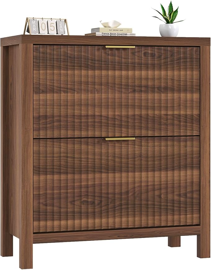 YOMILUVE Shoe Cabinet Storage for Entryway, Fluted Shoe Cabinet with 2 Flip Drawers, Hidden Shoe Rack Tall Freestanding Shoe Organizer with Legs for Hallway, Walnut