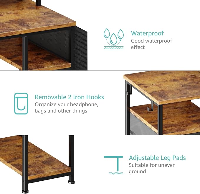 Lufeiya Gaming Desks with Led Lights and Power Outlets, 55 Inch Study Writing Computer Desk with Fabric File Drawers Cabinet for Bedroom, Home Office Desk with Shelves Monitor Stand, Rustic Brown