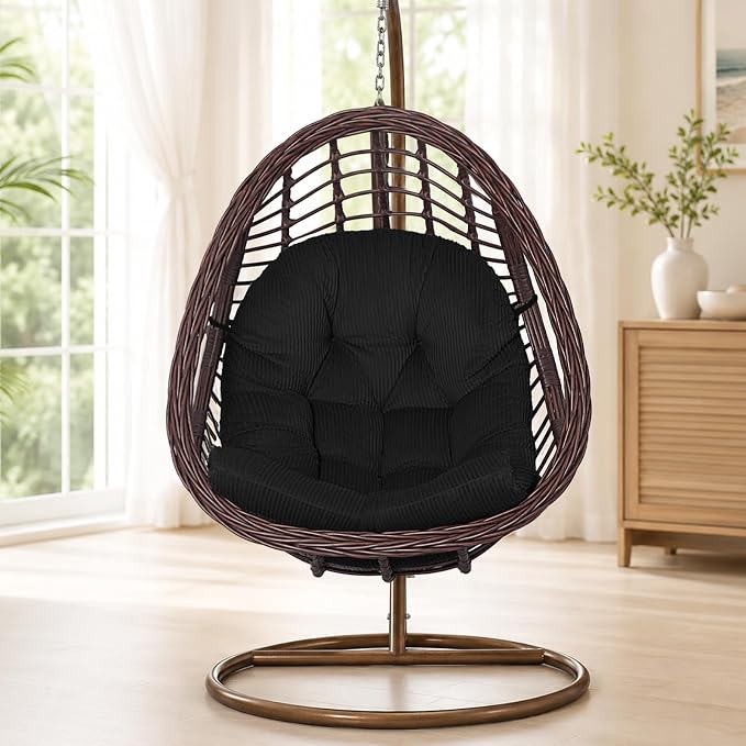 idee-home Egg Chair Cushion Replacement, Tufted Hanging Egg Chair Cushions with Corduroy Cover, Oversized Wicker Swing Cushion for Indoor Hammock Basket Chair, Black (Chair Not Included), 48x32 Inch