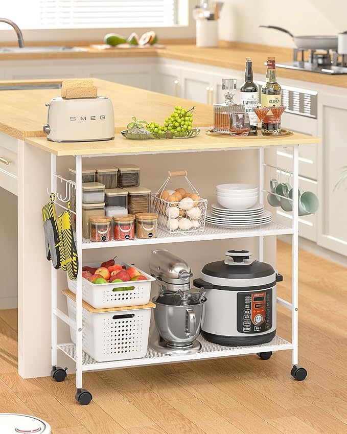 Kitchen Island with 3 Shelves, Rolling Kitchen Cart with 6 Hooks and Protective Shelf, Microwave Stand on Lockable Wheels, Bakers Rack Coffee Bar for Dining, Living Room, Outdoor, Metal Frame, White