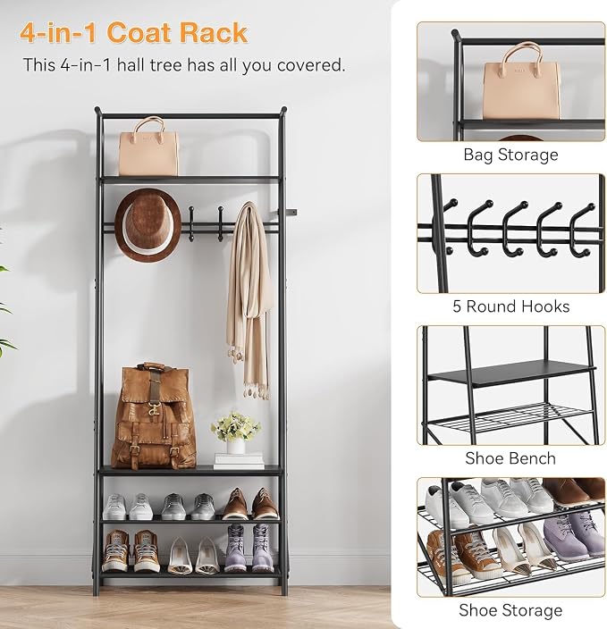 IDEALHOUSE Coat Rack Shoe Bench with 5 Hooks, Hall Trees Entryway Bench with Storage, Wood Look Accent Furniture with Metal Frame for Entryway, Living Room, Bedroom (Deep Black)
