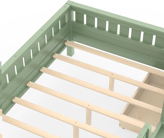 Bellemave Full Kids Montessori Bed with Stairs, Bookshelf and Drawers, Solid Wood Kids Bed Frame with Storage for Boys Girls, Low Profile,Green