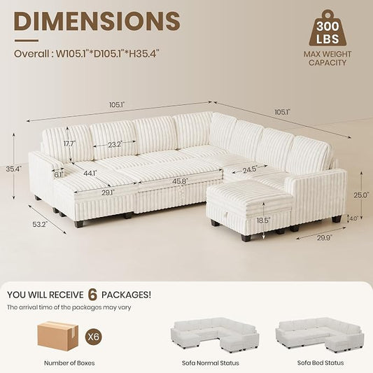 Belffin Oversized Sofa Bed Modular Sectional Sleeper Sofa with Pull Out Bed L Shaped Couch with Storage Chaise Beige Couch