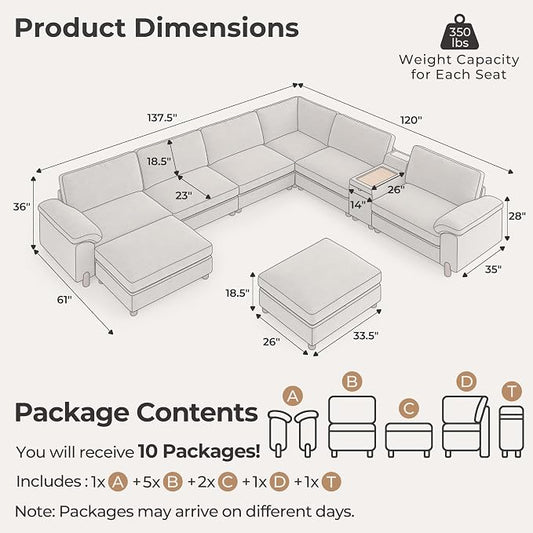 SITJOY Large Cloud Couch, 138" Wide 8 Seat V Shape with Console, Light Gray | Detachable and Washable Chenille Cover Sectional Sofas for Living Room, Deep Seat Wide Couch with Chaise, Storage Ottoman
