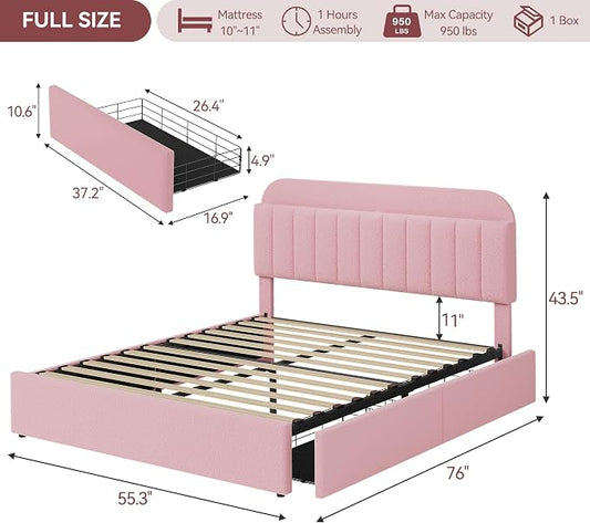 IDEALHOUSE Full Bed Frame with 2 Flexible Drawers and Bookcase Headboard, Boucle Upholstered Platform Bed for Girls, Noise-Free, Easy Assembly, No Box Spring Needed, Pink