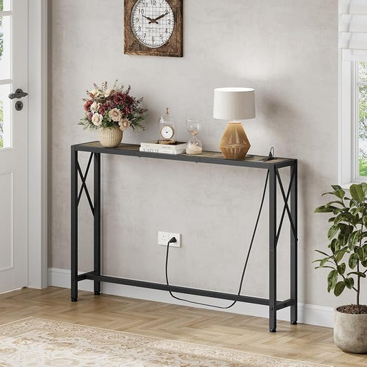 Gewudraw 41.7" Console Table, Narrow Behind The Couch Table with Outlet, Industrial Skinny Sofa Table for Hallway, Entryway, Living Room,Walnut