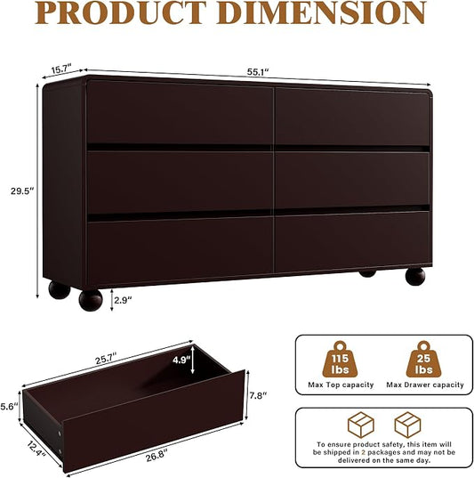 Furniway 3 Piece Bedroom Set, 6 Drawer Dresser and 2 Drawer Nightstand Set of 2 with Round Legs, Modern Wood Chest of Drawers Storage Cabinet for Bedroom, Brown