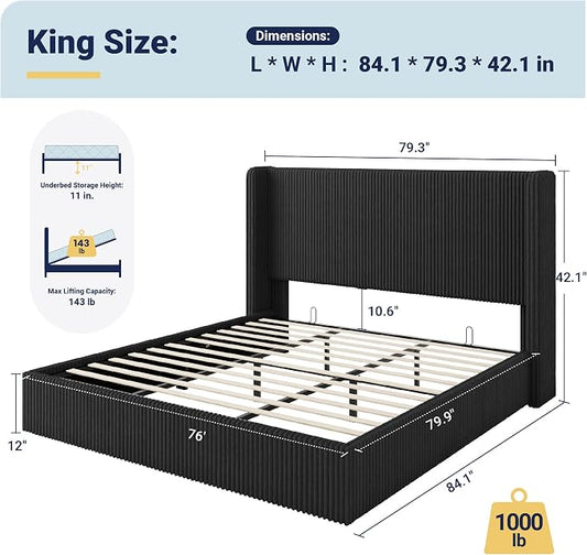 Allewie King Lift-Up Storage Bed Frame with Modern Wingback Headboard, Corduroy Upholstered Platform Bed, Hydraulic Gas Lift Support, Underbed Storage, Wooden Slats, No Box Spring Needed, Black