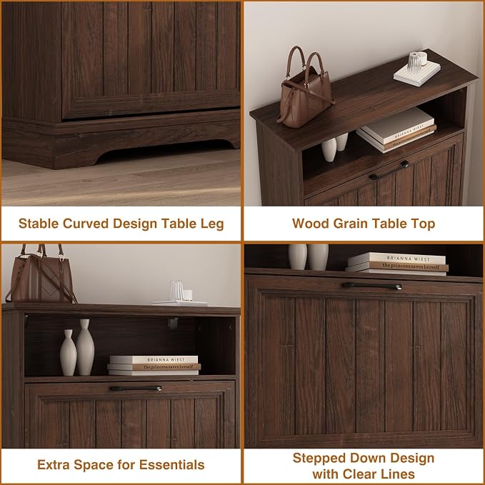 Shoe Storage Cabinet with 2 Flip Drawers, 24" W Farmhouse Modern Hidden Shoes Rack Cabinet with Adjustable Shelves & Open Storage, Narrow Slim Shoe Organizer for Front Door Entrance, Entryway, Walnut