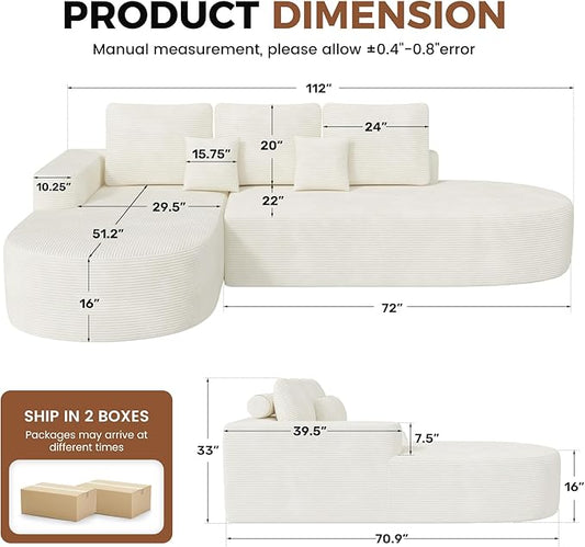 112" Modular Curved Cloud Couch, Oversized Couches for Living Room, Modern Boneless Sectional Sofa with Deep Seat, Foam Couch, No Assembly Required, Beige, 1PCS
