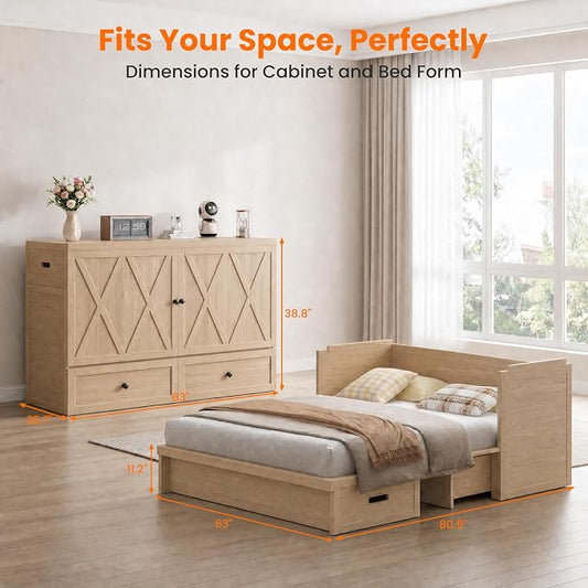 CECER Murphy Bed Queen with Mattress for Guest/Small Space-Natural Wood | Built-in Multi-Port Charging Station & Large Storage Drawer,Space Saving & Easy Assemble and Conversion