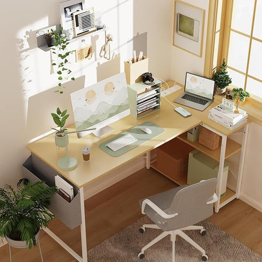 TIQLAB L Shaped Computer Desk with Power Outlets, 55 Inch Small Corner Desk with Reversible Shelves, Gaming Desk Computer Table Study Writing Desk for Home Office Small Space, Beige