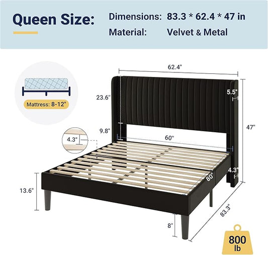 Allewie Queen Size Velvet Bed Frame/Vertical Channel Tufted Wingback Headboard/Upholstered Platform Bed/Strong Wooden Slats/No Box Spring Needed/Easy Assembly/Black