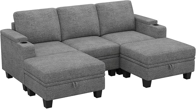 Belffin Small Corner Modular Sectional Couches for Living Room U Shaped Couch with Cup Holder Light Grey Couch