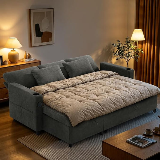 84" L-Shape Reversible Sectional Sofa Bed w/USB Port, Light Grey | Upholstery Sleeper Couch w/Adjustable Backrests & Storage Chaise, Chenille Modern Sofa w/Pull-Out Bed for Living Room