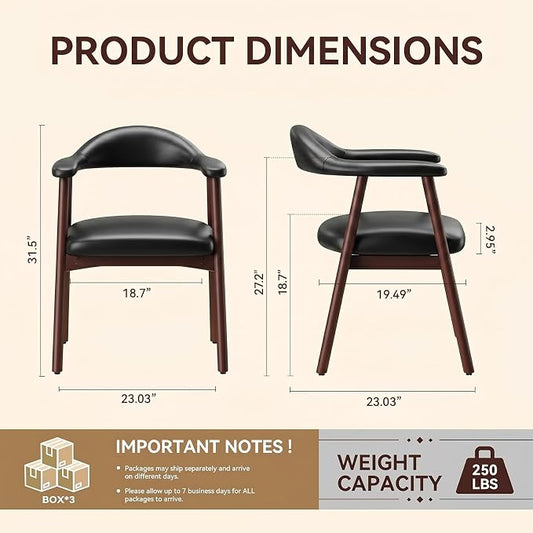MALOL Leather Dining Chair with Armrest Set of 6, Upholstered Dining Room Chair with Curved Back and Wood Legs, Mid Century Modern Kitchen Chairs for Kitchen Dining Room,Black